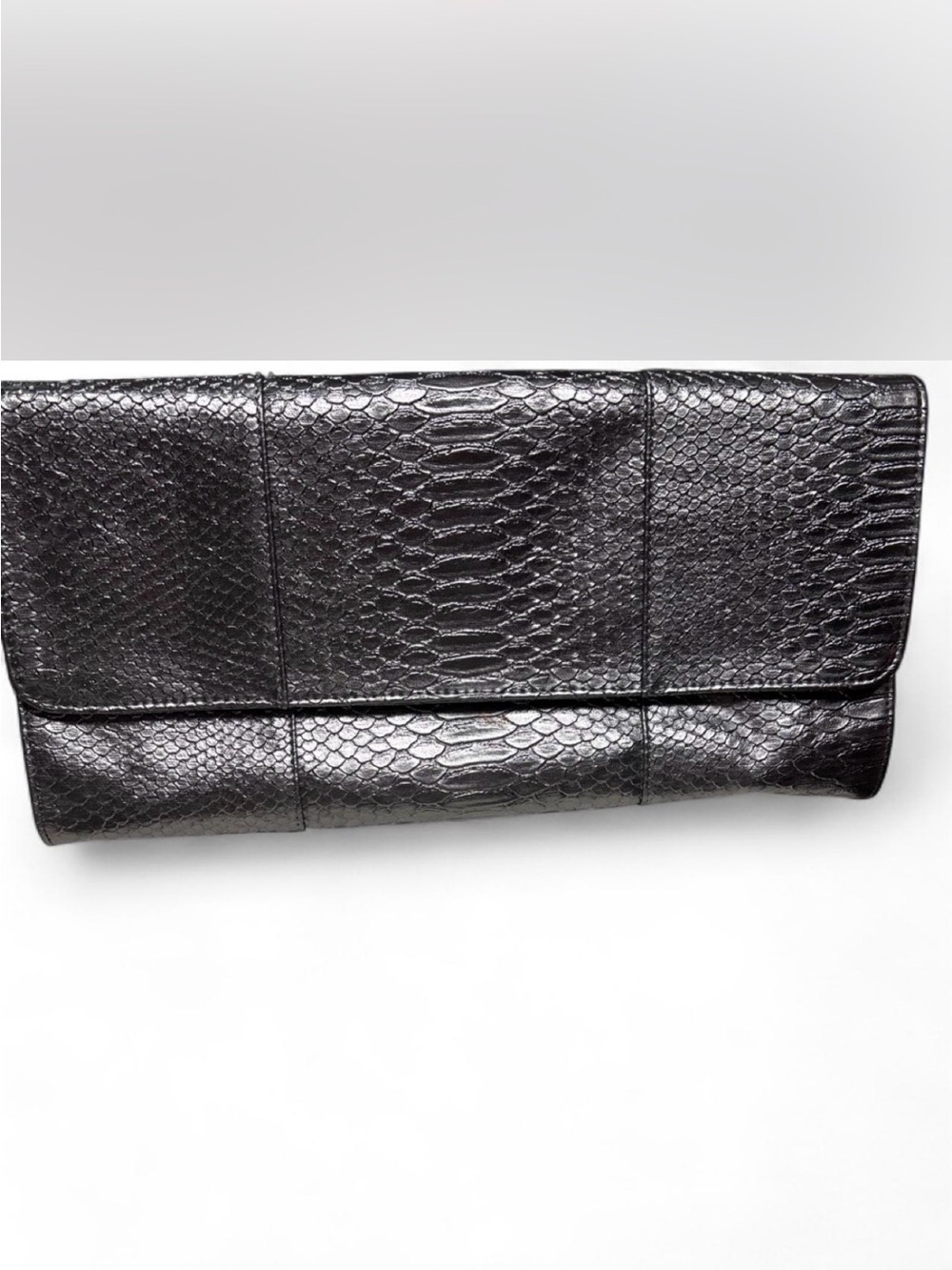 Ashley Stewart Pewter Metallic Python Snakeskin Oversized Flap Clutch Bag